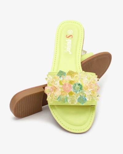 Royalfashion Neongrüne Damen Flip-Flops mit bunten Kristallen Bling Breeze