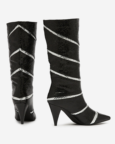 Schwarz-silberne Damenstiefel mit Stöckelabsatz und geprägten Streifen Felifea- Footwear