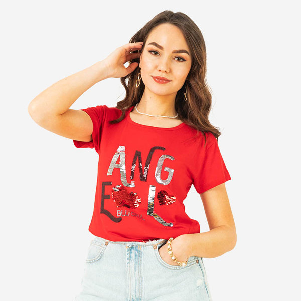 Rotes Damen-T-Shirt mit Paillettenaufschrift - Kleidung