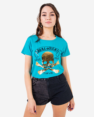 Blaues Pailletten-T-Shirt für Damen mit Aufschriften - Kleidung