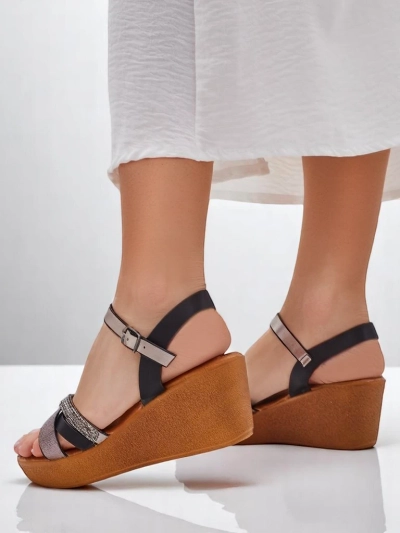 Royalfashion Damen-Wedgesandalen mit Strasssteinen und Glitzer Glittera