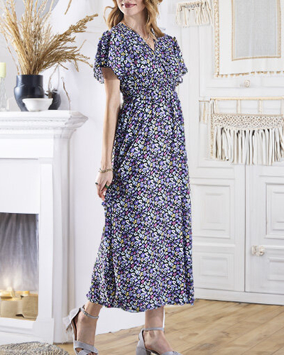 Schwarzes langes Damenkleid mit lila Blumen - Kleidung