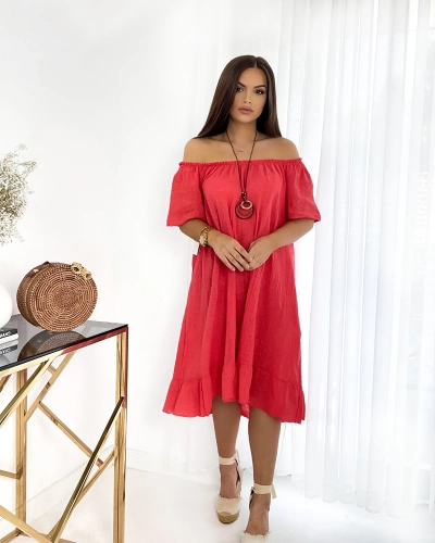 Royalfashion Червона жіноча коротка сукня з намистом