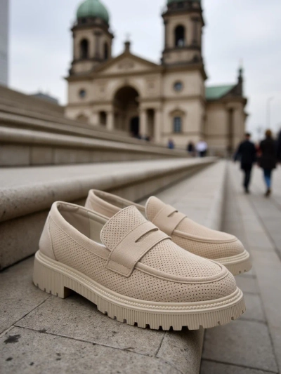 Damen Loafer Callista beige, Öko-Leder, flacher Absatz 4 cm
