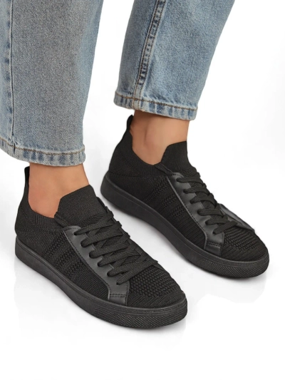 Damen-Sneakers Livia Nero - schwarze Stoff- und Öko-Leder-Turnschuhe mit flacher Sohle