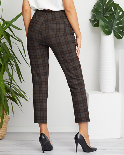 Dunkelbraune karierte Damen-Treggings mit Ornament an den Taschen - Kleidung