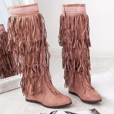 Rosa Stiefel mit Keilabsatz und Bahroma-Fransen - Schuhe