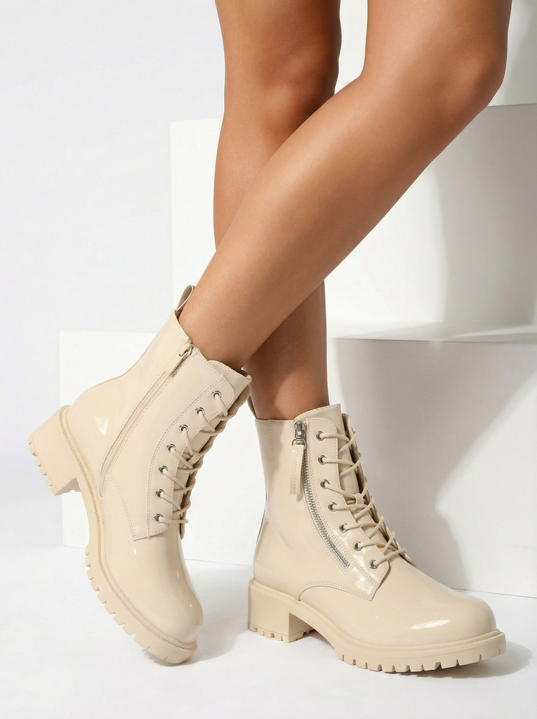 Royalfashion Beige Öko-Leder Damen Seddaga Baggerstiefel