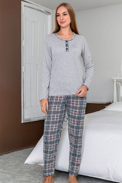 Royalfashion Damen Baumwollpyjama mit karierten Hosen