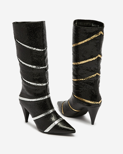 Schwarz-silberne Damenstiefel mit Stöckelabsatz und geprägten Streifen Felifea- Footwear