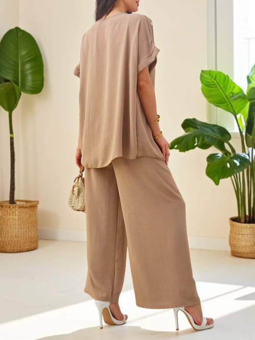 Royalfashion Коттонний жіночий комплект з коротким рукавом та широкими штанами