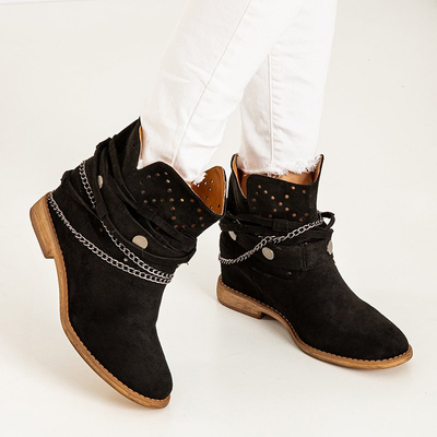 Schwarze Stiefeletten mit flachem Absatz mit Verzierungen Fanniv- Footwear