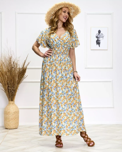 Blaues und gelbes Midikleid mit Blumenmuster - Schuhe