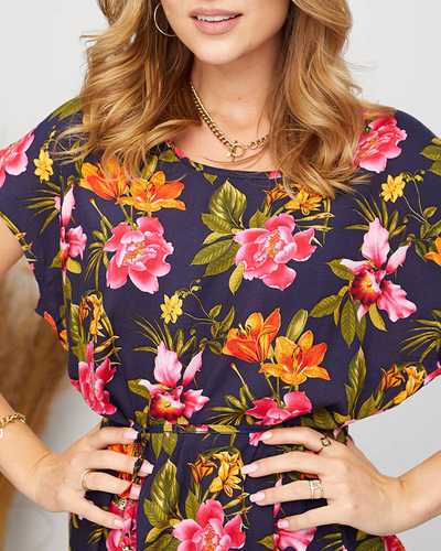 Marineblaues Sommerkleid für Damen mit bunten Blumen - Kleidung