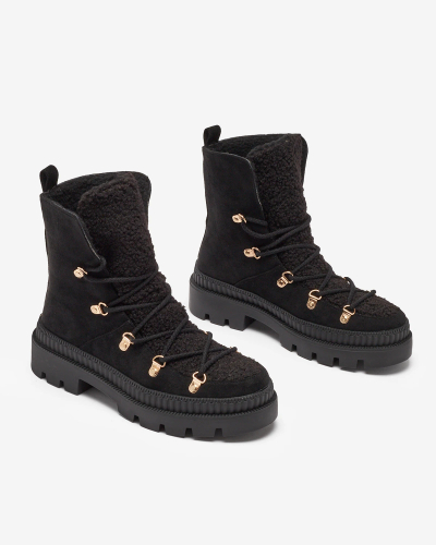 Royalfashion Schwarze isolierte Damen-Trapper-Stiefel mit Schafsfell Lery Walk