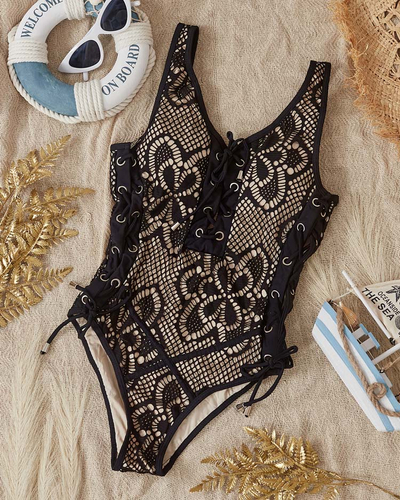Einteiliger schwarzer Damen-Badeanzug mit Spitze- Lingerie