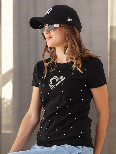 Royalfashion Damen Baumwoll-T-Shirt mit einem Perlenherz