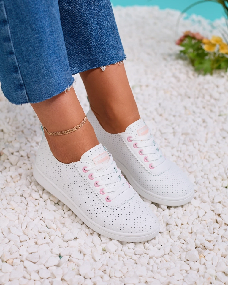 Royalfashion Weiße durchbrochene Damen-Sneaker mit rosa Einsätzen Akeria