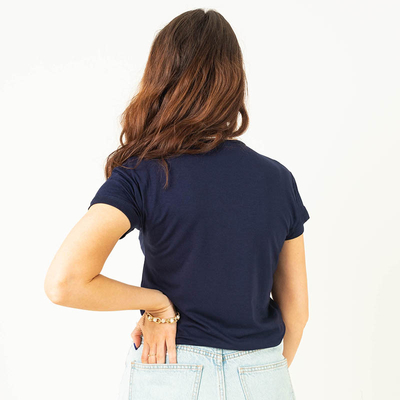 Marineblaues Damen-T-Shirt mit Paillettenaufschrift - Kleidung