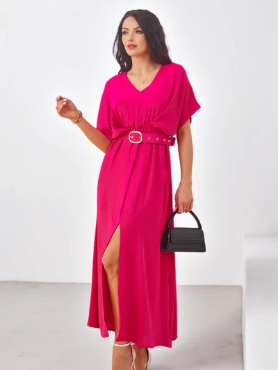 Royalfashion Damen-Midi-Kleid mit kurzen Ärmeln, V-Ausschnitt und mittigem Schlitz