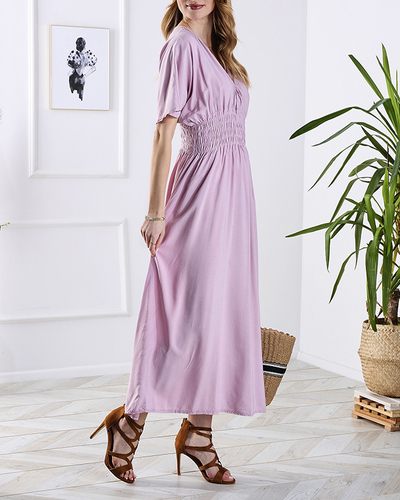 Rosa langes Damenkleid mit Umschlagausschnitt - Kleidung