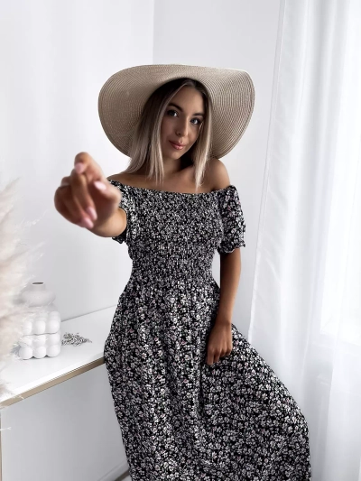 Schwarzes geblümtes Midikleid für Damen - Kleidung