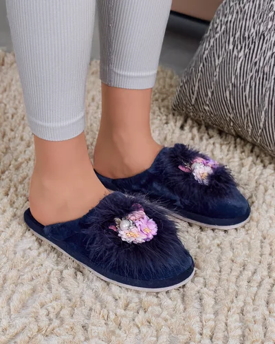 Royalfashion Damen-Fellhausschuhe mit Blumen Ederra