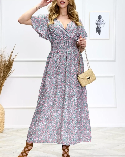 Grünes langes Damenkleid mit Blumendruck - Kleidung