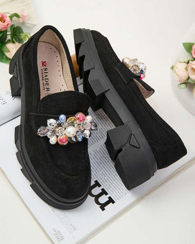 Royalfashion Schwarze Damen Mokassins mit bunten Glam-Kristallen