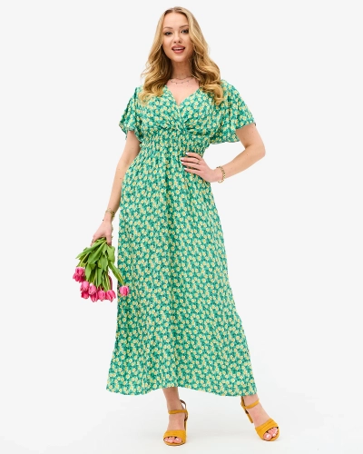 Grünes Damen-Midikleid mit gelbem Blumenmotiv - Kleidung