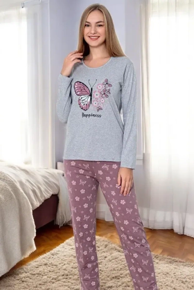 Royalfashion Damen 2-teiliges Pyjama-Set mit Schmetterlingsdruck aus Baumwolle