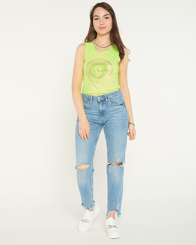 Gelbe neonfarbene Trägerbluse mit Aufdruck und Zirkonia - Bekleidung