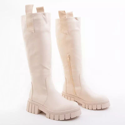 OUTLET Beige kniehohe Stiefel für Damen mit flachen Absätzen Bitsy - Schuhe