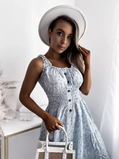 Florales blaues knielanges Damenkleid Kleidung