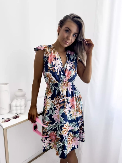 Marineblaues Damen-Minikleid mit Blumendruck - Kleidung