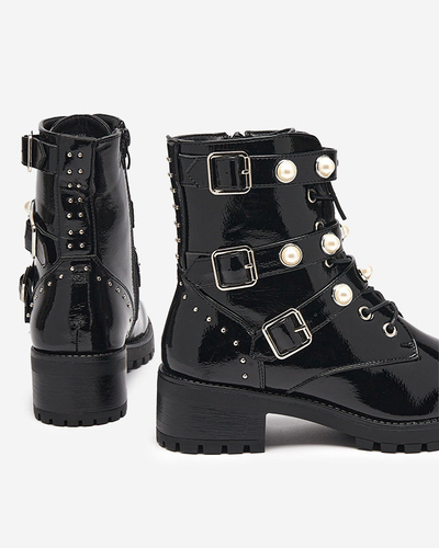 Schwarz lackierte Damenstiefel mit Perlen Salviso - Schuhe
