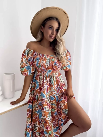 Помаранчева коротка жіноча сукня з відкритими плечима - Одяг