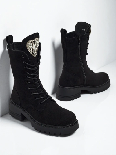 Eko Wildlederimitat Damenstiefeletten Emelune mit Schnürung