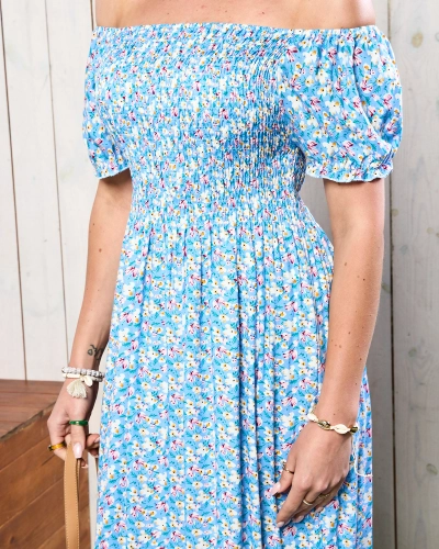Blaues Damen Midikleid mit Blumenmuster - Kleidung
