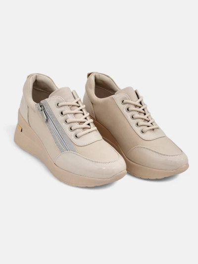 Damen-Sneakers mit Keilabsatz HeraBea beige aus Öko-Leder 6,5 cm mit Reißverschluss