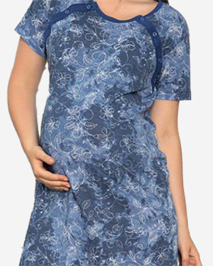 Нічна сорочка для вагітних та годування темно-синя з квітами - Одяг