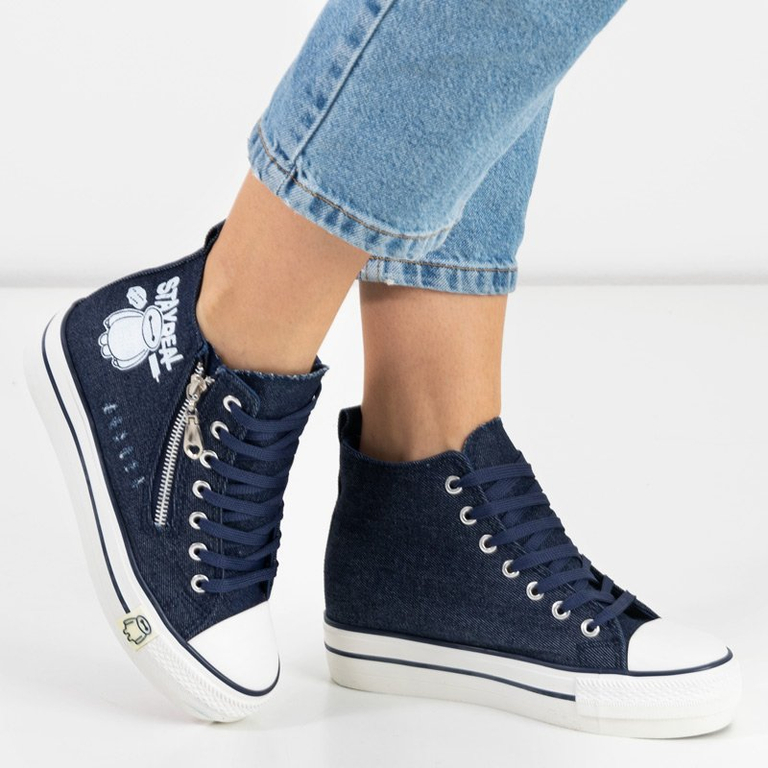 Dunkelblaue Damen-Sneakers mit Keilabsatz und Edwardina-Print