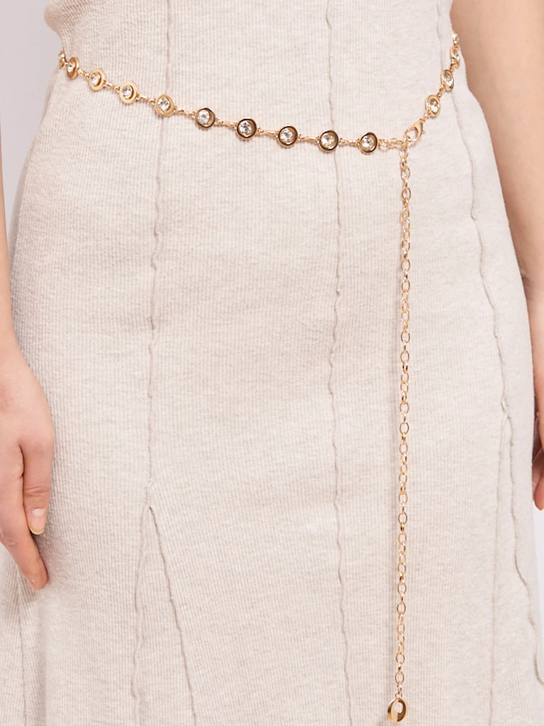 Aurelia Bella Donna – Damen Metallgürtel mit Kristallen, goldfarben 115 cm