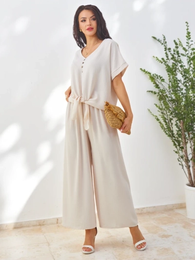 Royalfashion Damen Freizeit Set mit Kurzarmbluse und weiten Hosen