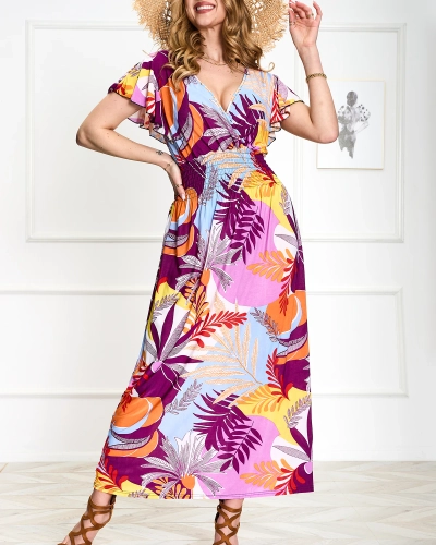 Lila langes Damenkleid mit Blumendruck - Kleidung