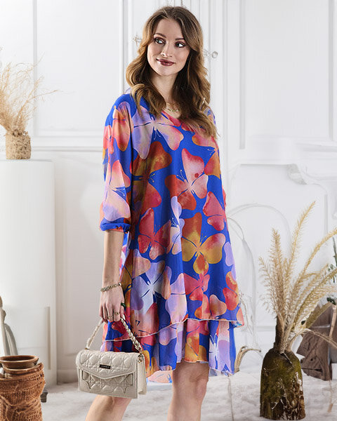 Marineblaues knielanges Damenkleid mit Druck und Rüsche - Kleidung