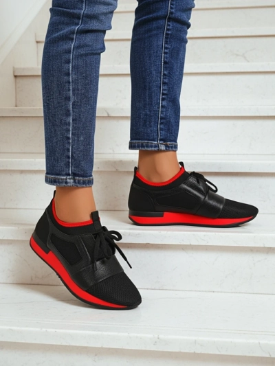 Damen-Sneakers Artemida Nero aus Stoff und Öko-Leder mit rotem Akzent