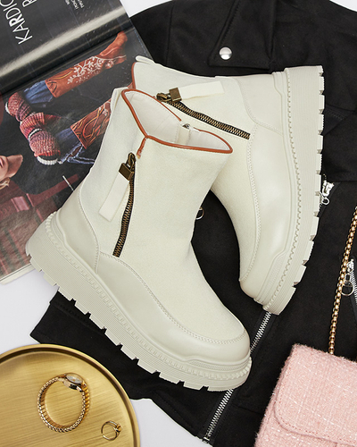 Cremefarbene Damenstiefel mit flachem Absatz Mefina- Footwear