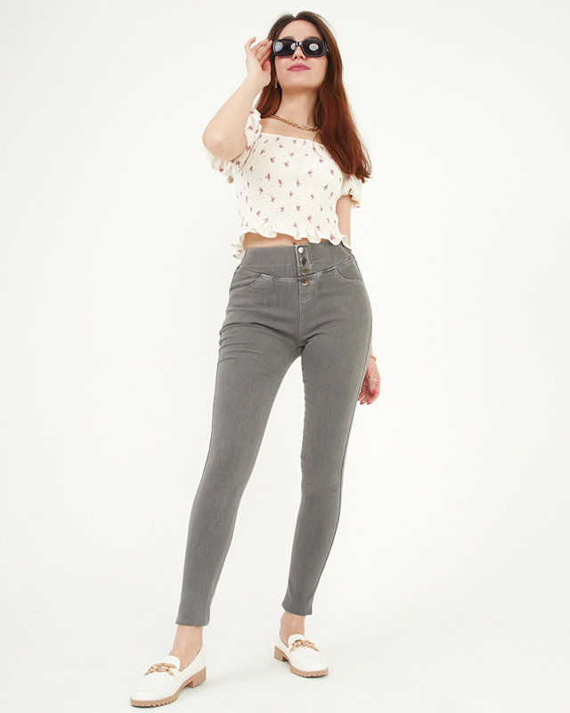 Dunkelgraue Damen-Treggings mit dekorativen Knöpfen - Bekleidung