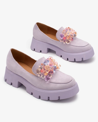 OUTLET Royalfashion Lila Damen Mokassins mit bunten Kristallen Crystal Glam